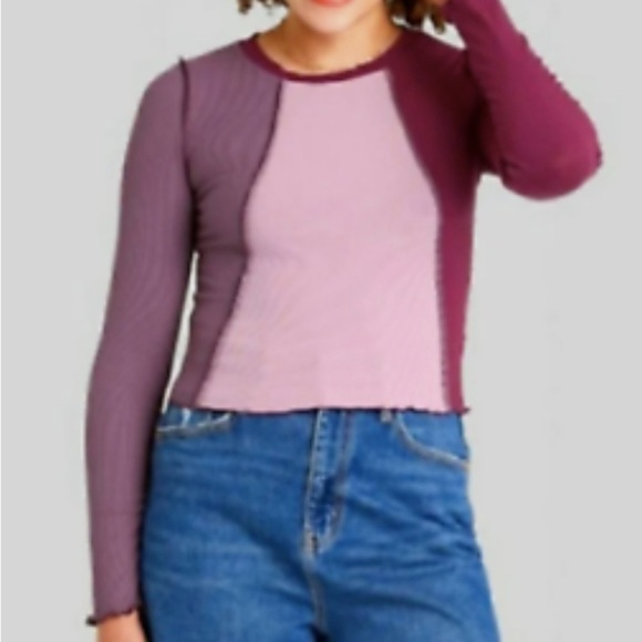 Wild Fable Purple Spliced Lettuce Trim Edge Long Sleeved Tee Shirt - S - Picture 1 of 10